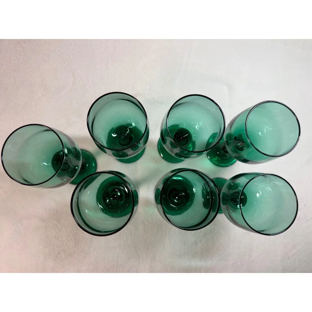 Vintage Emerald Green Glass Wine Goblets Stemmed Water Glasses Set of 7